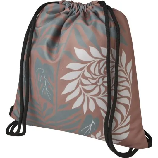 Sac à dos ficelle personnalisé Cal vieux rose sublimé de feuilles blanches et vert sauge, cordon tressé noir