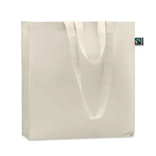Sac shopping personnalisé en coton Fairtrade écru, longues anses et soufflet, étiquette Fairtrade Cotton