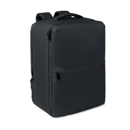 Sac à dos de voyage personnalisé noir en RPET au format rectangulaire avec poche frontale zippée et poignée