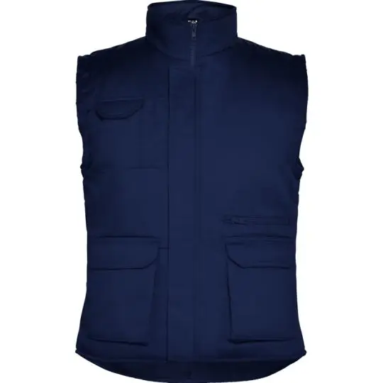 Gilet de travail personnalisé bleu marine à col montant, patte de fermeture centrale et poches à rabat