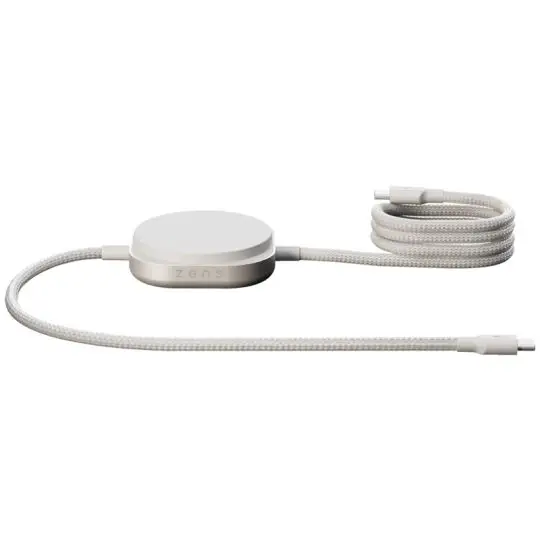 Câble de charge personnalisé Zens Pro 2 blanc au fini tressé avec palet de recharge sans fil Qi2 en aluminium