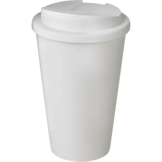 Gobelet à café personnalisé blanc mat à double paroi avec couvercle anti-éclaboussures assorti, vue plongeante