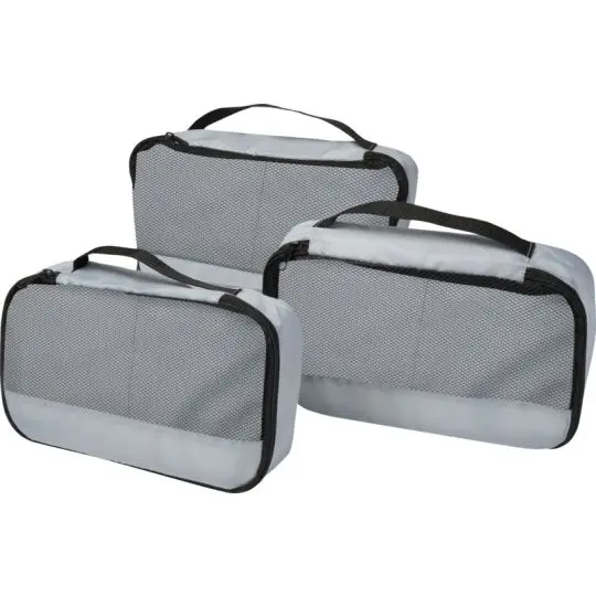 Lot de 3 cubes de rangement personnalisés gris en matière recyclée GRS avec dessus en filet et poignées noires