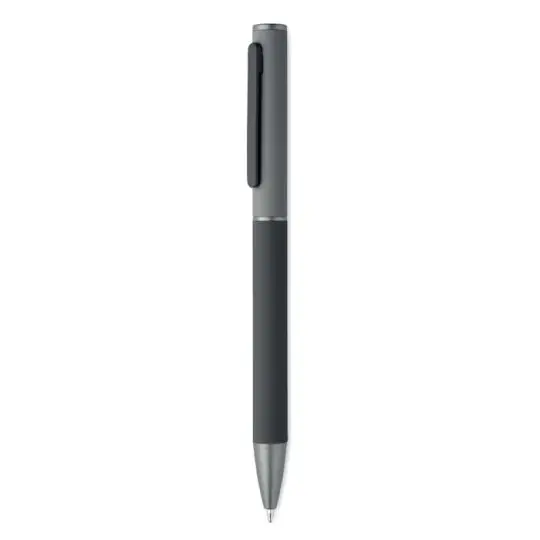 Stylo métal personnalisé FILLAN noir caoutchouté à mécanisme twist, clip assorti et embout gris métallisé