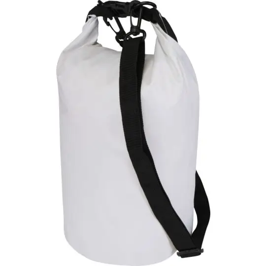Sac imperméable personnalisé 5 L blanc en ripstop recyclé avec rabat enroulé et longue bandoulière noire