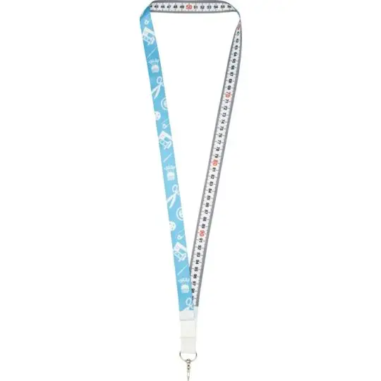 Lanyard recyclé personnalisé Isla bleu clair sublimé au recto avec verso mètre ruban et crochet métal
