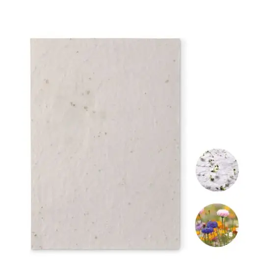 Papier ensemencé publicitaire ASIDE A5 blanc cassé moucheté, avec détail des graines et fleurs sauvages en fleur