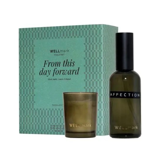 Coffret cadeau Wellmark vert sauge avec spray d'ambiance Affection en flacon olive et bougie parfumée en verrine