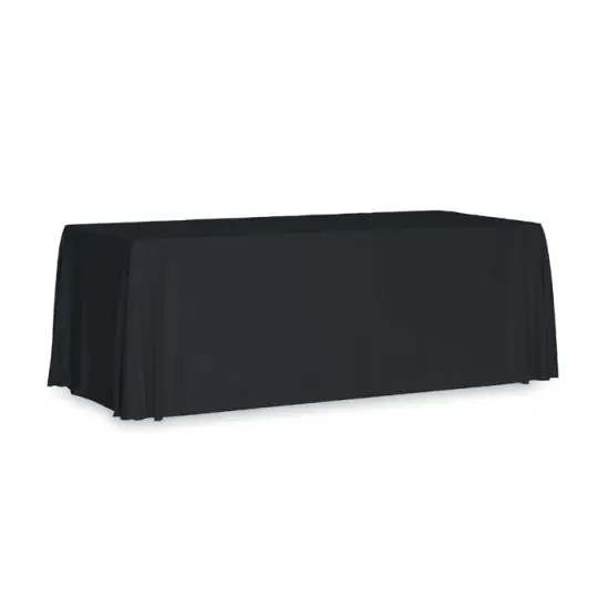 Nappe personnalisée noire en polyester 280 x 210 cm couvrant une table rectangulaire de salon