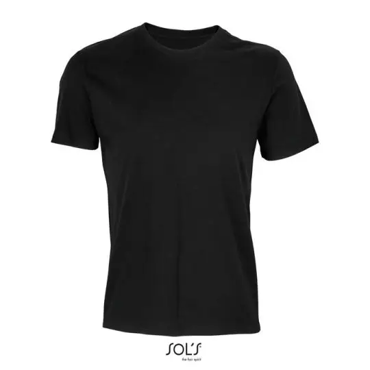 T-shirt recyclé unisexe personnalisable noir à col rond côtelé et manches courtes présenté à plat de face