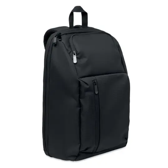 Sac à dos ordinateur personnalisé noir en RPET 600D avec poignée, poches avant zippées et tirettes métalliques