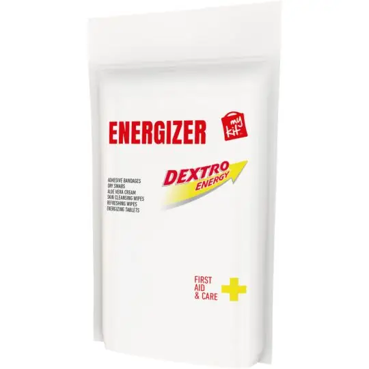 Kit énergisant personnalisé en pochette papier blanche Energizer avec titre rouge et croix jaune