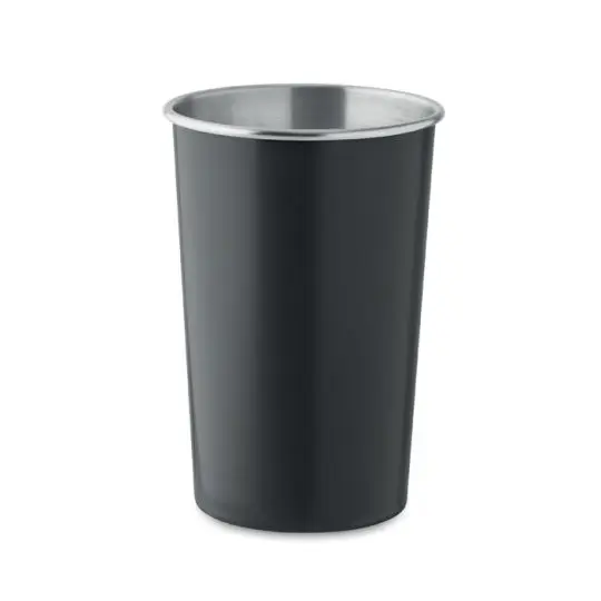 Gobelet inox personnalisé noir de 350 ml en acier recyclé avec bord argenté poli, vue de face