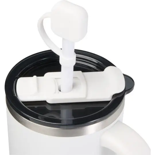 Capuchon personnalisé SIP blanc en silicone alimentaire fixé sur paille avec système d'étanchéité hermétique anti-contamination