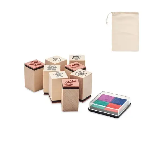 Kit de 8 tampons de Noël en bois personnalisable STAMPIE avec encreur 4 couleurs et pochette en coton à cordon