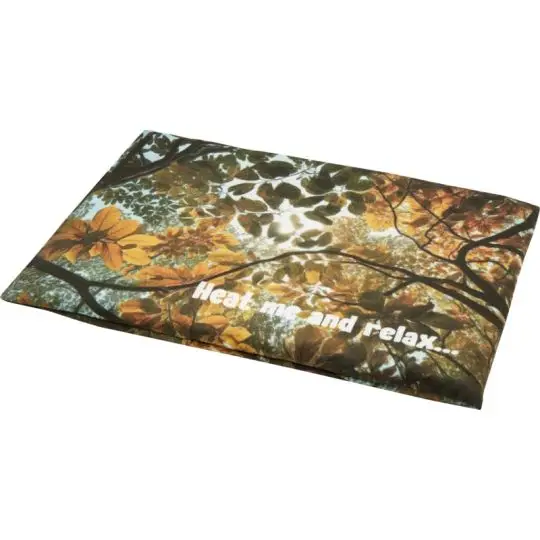 Coussin noyaux de cerise personnalisé imprimé d'un feuillage d'automne orangé et d'un message en blanc