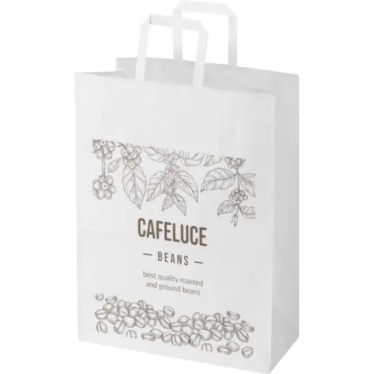 Sac boutique kraft blanc personnalisé à poignées plates, motif botanique gris et logo de café imprimés