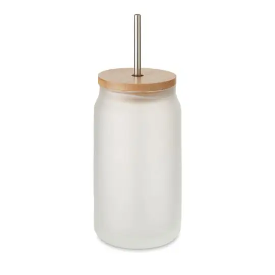 Gobelet avec paille personnalisé en forme de bocal givré blanc, couvercle en bambou et paille en acier inoxydable