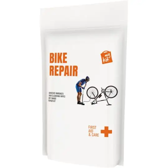 Kit de réparation vélo publicitaire en pochette blanche Bike Repair avec cycliste illustré