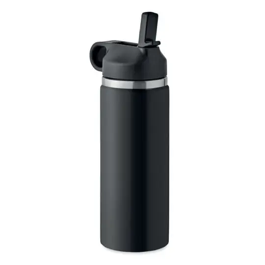 Gourde isotherme personnalisée noire 500 ml en inox recyclé avec bouchon à poignée et paille intégrée