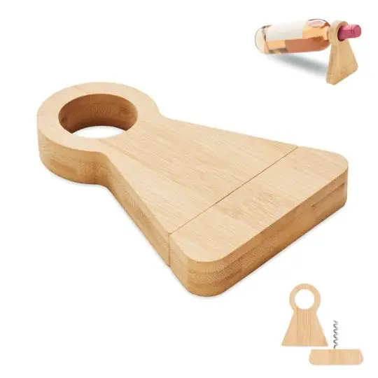 Porte-bouteille en bambou personnalisable fermé, avec encoche ronde et tire-bouchon intégré aimanté