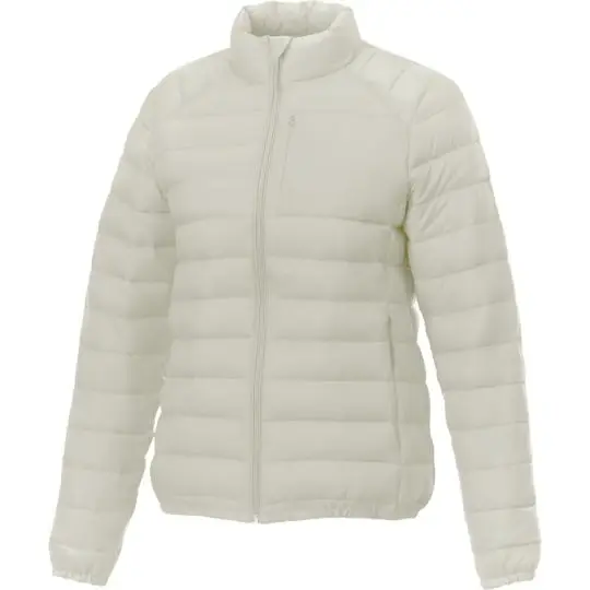Doudoune femme personnalisée Pallas coloris grès, matelassage horizontal, col montant et poche poitrine zippée