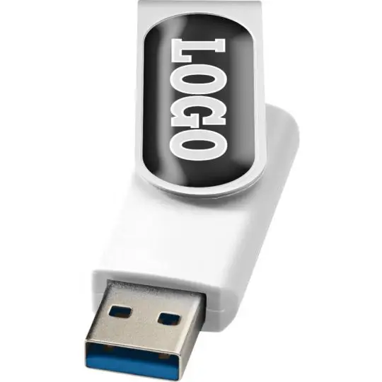 Clé USB personnalisée Rotate blanche avec logo noir en doming sur l'étrier argenté, connecteur USB 3.0 bleu