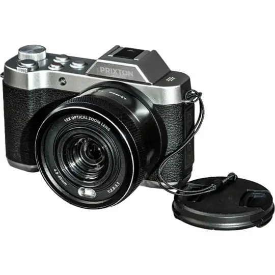 Appareil photo personnalisé Prixton Nomad DC950 noir et argent au style rétro avec cache objectif sur cordon