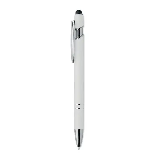 Stylo personnalisable aluminium recyclé bleu cyan avec embout bouton-poussoir ergonomique clip pressé zone marquage laser haute précision visible