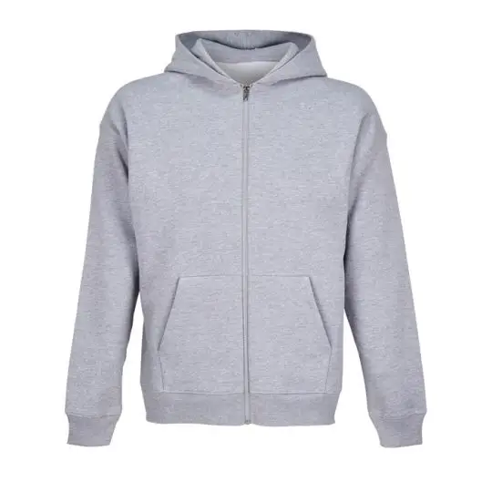 Sweat zippé à capuche personnalisé gris chiné avec zip métal argenté et poche kangourou, vu de face à plat