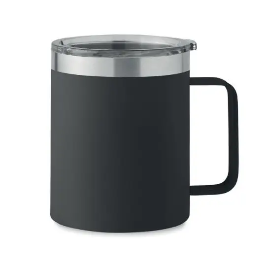 Mug isotherme personnalisé noir mat en inox recyclé avec couvercle transparent et anse assortie