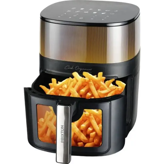 Friteuse à air personnalisée Prixton Cook Organics noire avec tiroir à hublot ouvert garni de frites dorées