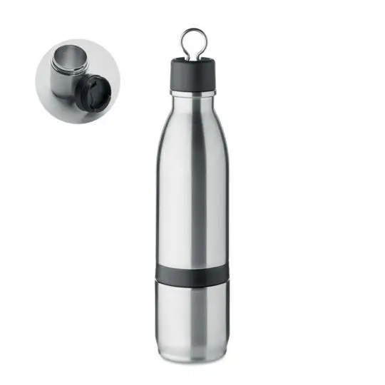 Gourde isotherme 2 en 1 en inox argent mat avec bouchon noir à anneau et gobelet détachable à bande noire