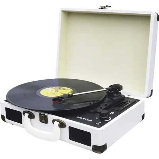 Tourne-disque valise Prixton VC400 blanc personnalisable couvercle ouvert avec vinyle sur la platine et haut-parleurs