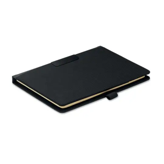 Conférencier A5 personnalisé noir PROFILE5 fermé, couverture en polyamide et PU avec tranche de bloc-notes crème