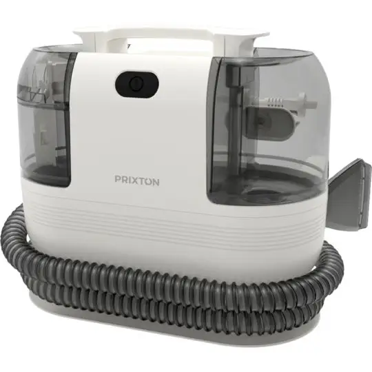 Aspirateur détacheur publicitaire Prixton AquaClean blanc à réservoirs translucides et tuyau noir enroulé