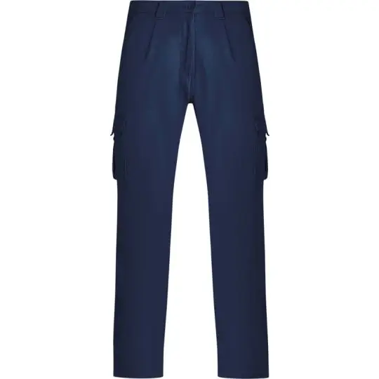 Pantalon de travail personnalisé bleu marine en tissu stretch, vue de face avec poches latérales à rabat