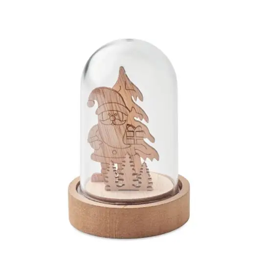 Décoration Noël personnalisable LED ROVANI cloche verre avec Père Noël bois sculpté et socle MDF naturel