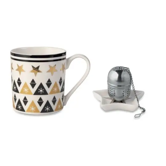 Tasse en céramique personnalisable UNIQUE à motifs dorés et noirs avec infuseur boule posé sur soucoupe étoile