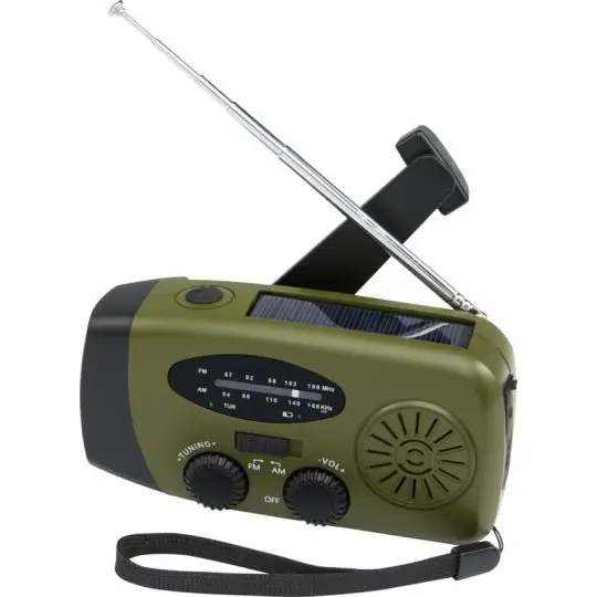 Radio d’urgence personnalisée Avior verte à manivelle, antenne télescopique déployée et panneau solaire