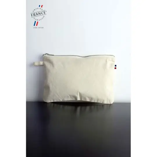 Trousse zippée personnalisée en coton bio écru avec zip métal, boucle latérale et languette tricolore