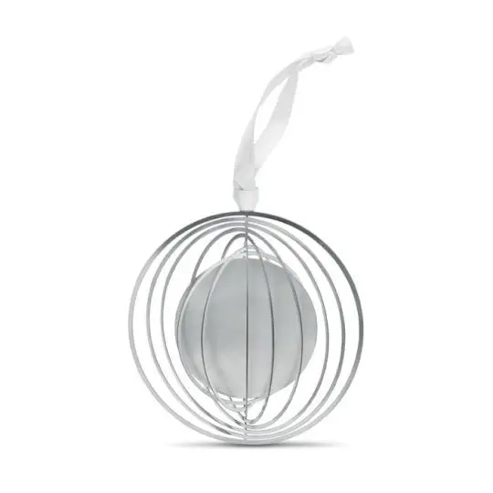 Décoration de Noël personnalisable BUNO en acier inoxydable dépliée en boule à anneaux argentés avec ruban blanc