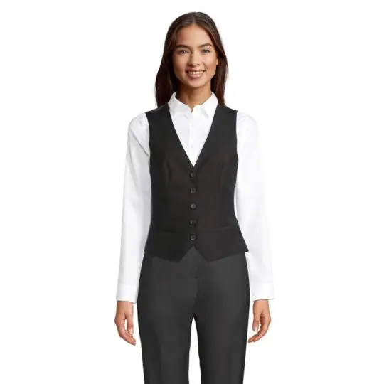 Gilet de costume femme personnalisé noir à 5 boutons et coupe cintrée, porté sur un chemisier blanc, vue de face
