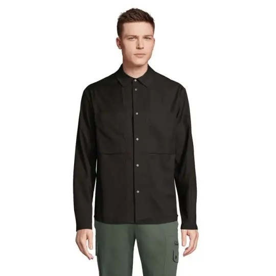 Surchemise chic unisexe personnalisable noire MADDEN, deux poches poitrine plaquées et boutons pressions