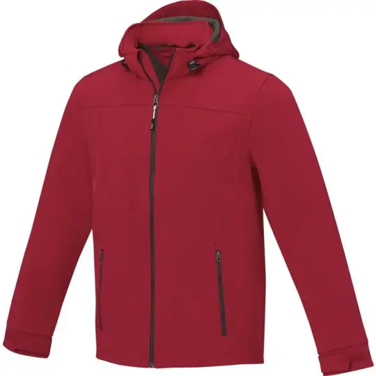 Veste softshell homme personnalisée Langley rouge à capuche, zip central noir et poches zippées, vue de face