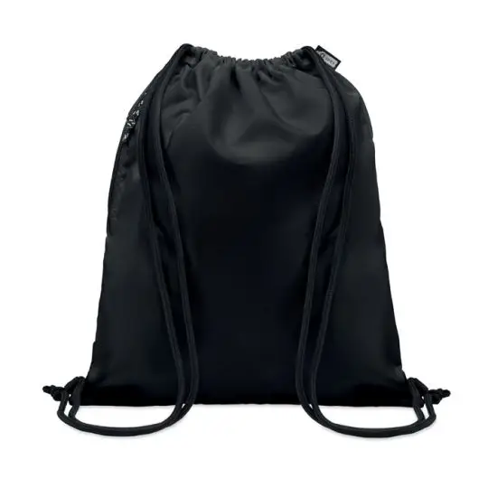 Sac à dos ficelle personnalisé noir en RPET 300D avec cordelettes noires et poche latérale zippée, vue de face