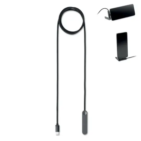 Câble USB-C publicitaire noir de 1 m avec embout support, téléphone posé à l'horizontale et à la verticale