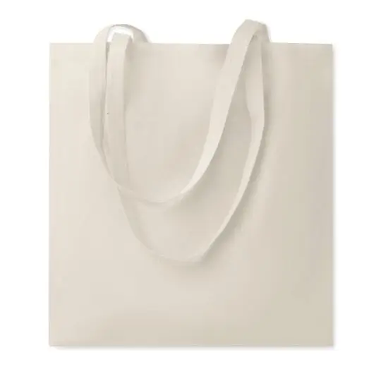 Tote bag TURA en coton bio écru 180 g/m² avec deux longues anses, sac shopping présenté à plat sur fond blanc