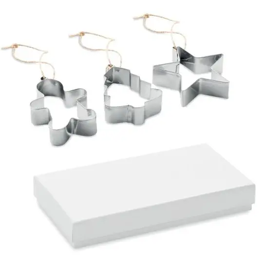 Emporte-pièces de Noël personnalisables CUQUI en inox : bonhomme, sapin et étoile avec cordon jute et boîte blanche