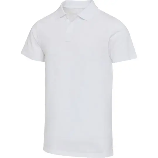 Polo bio personnalisable blanc à manches courtes, col classique et patte de boutonnage, vue de trois quarts